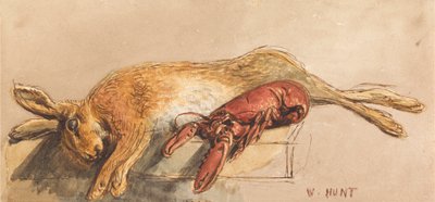 En død hare og en kokt hummer på en benk av William Henry Hunt