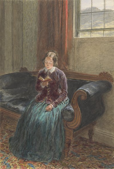 A Lady Reading, kalt Mrs William Hunt, ca. 1835 (gouache og wc over grafitt på papir) av William Henry Hunt