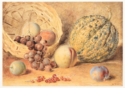 Kurv med melon, fersken, druer og plommer, ca. 1804 (grafitt, akvarell tilsatt noe gummi arabicum, kroppsfarge og riper ut på vevd papir) av William Henry Hunt