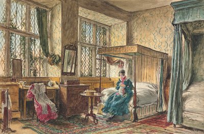 Frøken Moore syr på soverommet hennes, Hardwick Hall, Derbyshire av William Henry Hunt