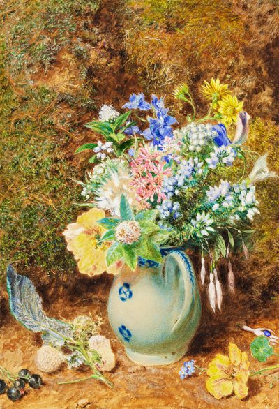 Blekblå Kinakanne med lyngheier og småblomster, ca.1860 av William Henry Hunt