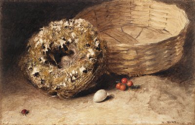 Stilleben med kurv, rede, egg, rips og marihøne av William Henry Hunt