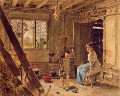 The Maid and the Magpie, A Cottage Interior at Shillington, Bedfordshire, 1834 (wc uthevet med hvitt på papir) av William Henry Hunt