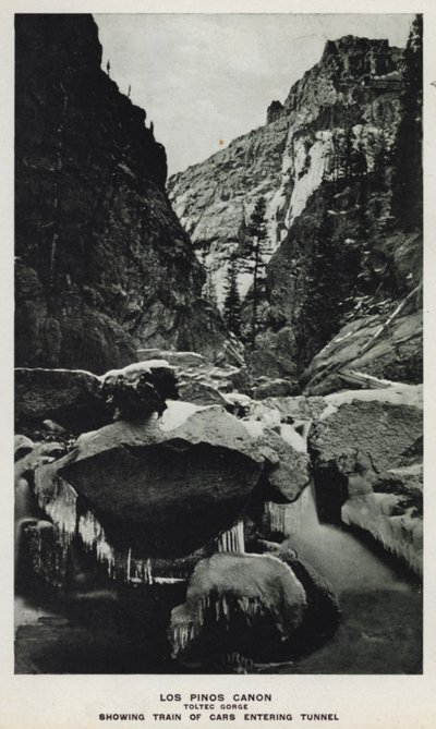 Canyons of Colorado: Los Pinos Canon, Toltec Gorge, Viser tog av biler som kommer inn i tunnelen (s/hv-bilde) av William Henry Jackson