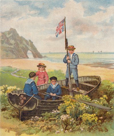 Barn som leker i en båt på stranden (chromolitho) av William Henry James (after) Boot