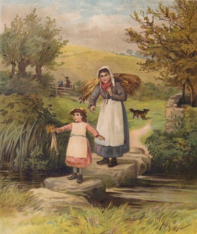 Kvinne og jente krysser en bekk over stepping stones (chromolitho) av William Henry James (after) Boot