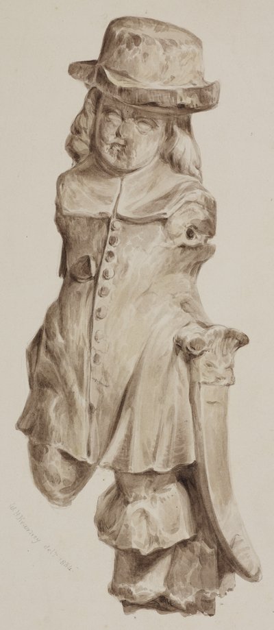 Utskåret figur i eik, en gang i døråpningen til huset bygget på stedet til Boars Head Tavern, Eastcheap, 1834 (vask på papir) av William Henry Kearney