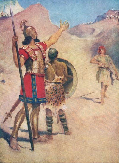 David og Goliat, fra The Bible Picture Book utgitt av Thomas Nelson, ca. 1950 av William Henry Margetson