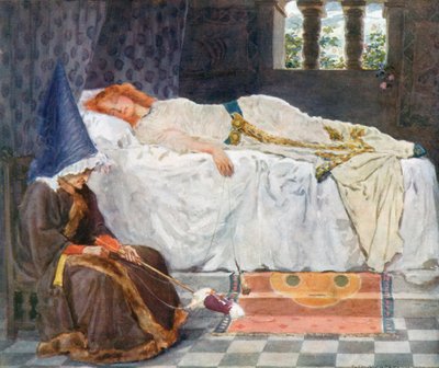 Øynene hennes var lukket, og håret hennes, berørt av solskinnet, lå som gulltråder på den snødekte puten av William Henry Margetson