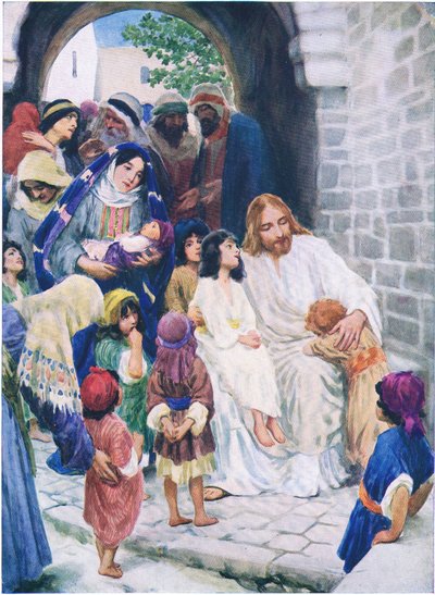 Jesus og barna, fra The Bible Picture Book utgitt av Thomas Nelson, ca.1950 av William Henry Margetson