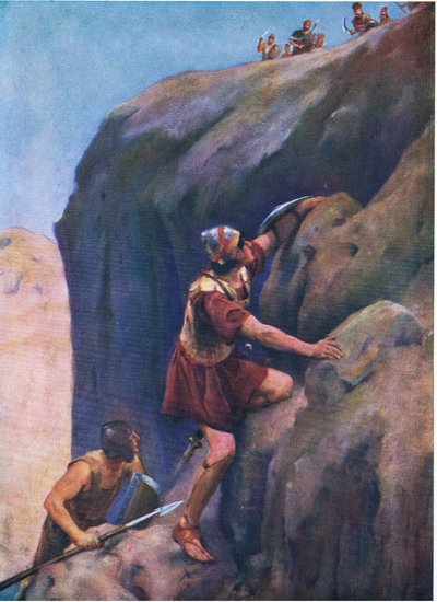 Jonathan og hans rustningsbærer, fra The Bible Picture Book utgitt av Thomas Nelson, ca. 1950 av William Henry Margetson