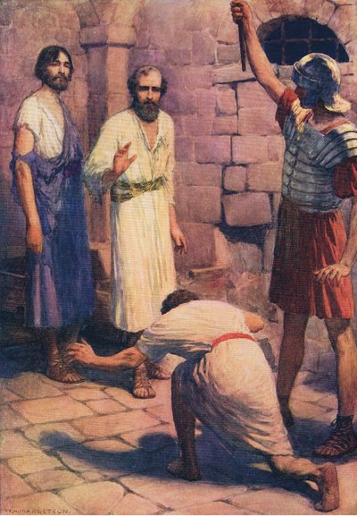 Paul og Silas i fengsel, fra The Bible Picture Book utgitt av Thomas Nelson, ca. 1950 av William Henry Margetson