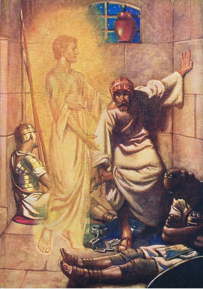 Peter utfridd fra fengselet, fra The Bible Picture Book utgitt av Thomas Nelson, ca. 1950 av William Henry Margetson