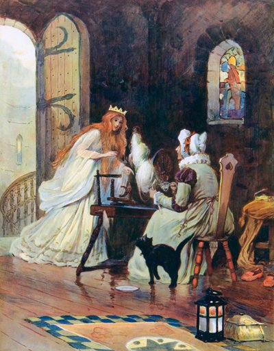 Hun gikk opp trappene, og på toppen fant hun et lite rom der en gammel dame satt og snurret av William Henry Margetson
