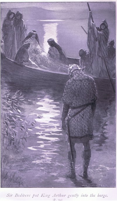 Sir Bedivere satte kong Arthur forsiktig inn i lekteren av William Henry Margetson
