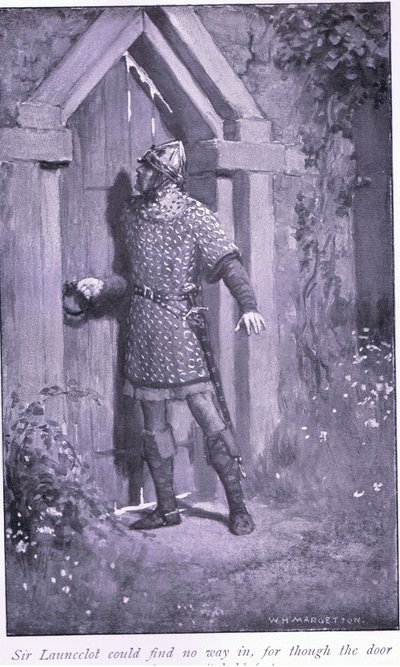 Sir Launcelot kunne ikke finne noen vei inn, for selv om døren var gammel og slitt holdt den seg fast av William Henry Margetson