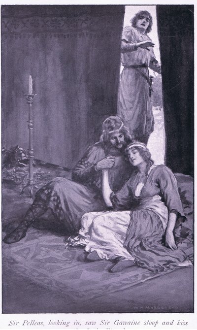 Sir Pelleas, som så inn, så Sir Gawaine bøye seg og kysse damen Ettard av William Henry Margetson