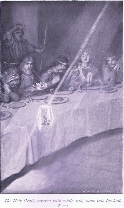 Den hellige gral, dekket med hvit silke, kom inn i hallen av William Henry Margetson