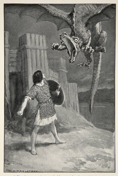 Dragen sank mot ham og åpnet sine forferdelige kjever, fra "Hero Myths and Legends of the British Race" av M.I. Ebbutt, 1910 av William Henry Margetson