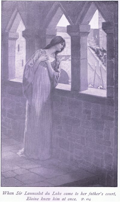 Da Sir Launcelot du Lake kom til farens hoff kjente Elaine ham med en gang av William Henry Margetson