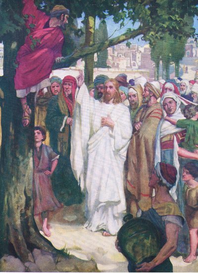 Zacchaeus, fra The Bible Picture Book utgitt av Thomas Nelson, ca. 1950 av William Henry Margetson