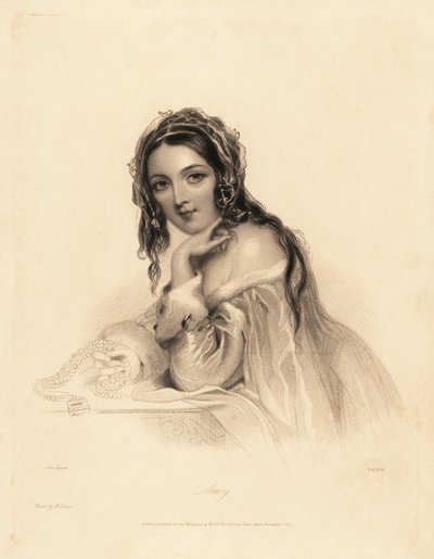 Portrett av Amy. Skjønnhet iført slør over langt hår, hermelin-trim off-the-skulder kjole, holder et perlekjede. Stålstiftgravering av William Henry Mote etter en illustrasjon av John Hayter fra Charles Heath