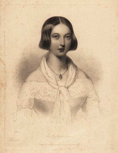 Ung dronning Victoria, tidlig på 20-tallet. Stålstiftgravering av William Henry Mote etter en illustrasjon av William Drummond fra Charles Heath's English Pearls, or Portraits for the Boudoir, Tilt and Bogue, London av William Henry Mote