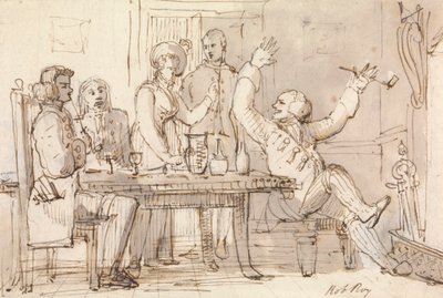 En illustrasjon til Rob Roy: Interiør med en festdrikking av William Henry Pyne