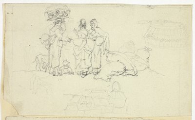 Figurer med markedsvarer og tre skisser av William Henry Pyne