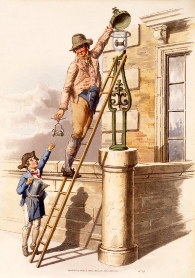 Lamp Lighter, fra The Costumes of Great Britain, pub. Av Henry Miller, 1805 (håndfarget trykk) av William Henry Pyne