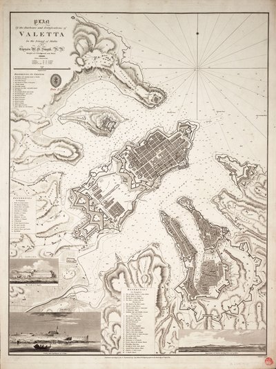 Plan over havnene og festningsverkene i Valetta på øya Malta, ca. 1821 (gravering) av William Henry Smyth