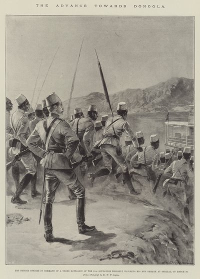 Fremskrittet mot Dongola, den britiske offiseren i kommando av en negerbataljon fra det 11. soudanesiske regiment som så mennene hans gå om bord på Shellal, 18. mars (litho) av William Heysham (after) Overend