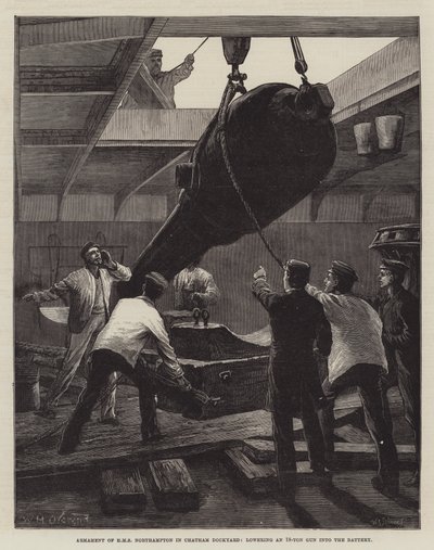 Bevæpning av HMS Northampton i Chatham Dockyard, senker en 18-tonns pistol ned i batteriet av William Heysham Overend