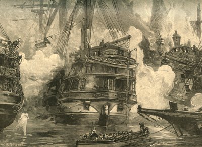 Slaget ved Navarino: HMS Asia engasjerer skipene til Capitan Bey og Moharram Bey, 1827 c1890. av William Heysham Overend