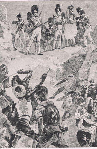 Carmichaels tilhengere skjøt en salve inn i den tette klyngen av menn: Slaget ved Bharatpur 1826 , illustrasjon fra British Battles on Land and Sea , 1915 av William Heysham Overend