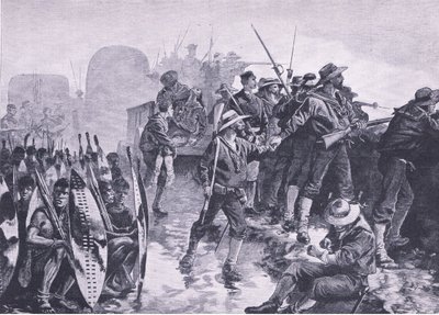 Forsvare et lager mot et Zulu-angrep, illustrasjon fra British Battles on Land and Sea, 1915 av William Heysham Overend