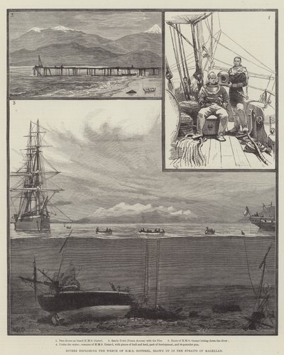 Dykkere som utforsker vraket av HMS Doterel, sprengt i Magellanstredet av William Heysham Overend