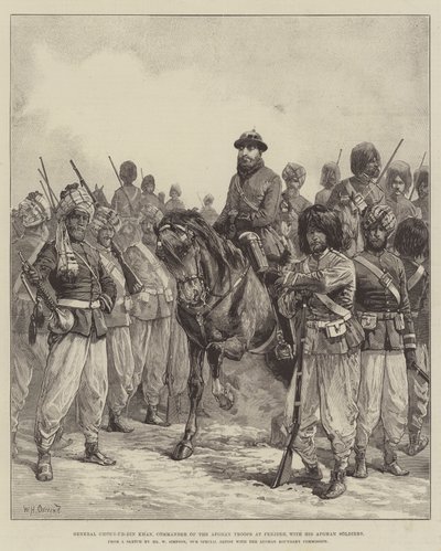 General Ghous-ud-din Khan, sjef for de afghanske troppene ved Penjdeh, med sine afghanske soldater av William Heysham Overend