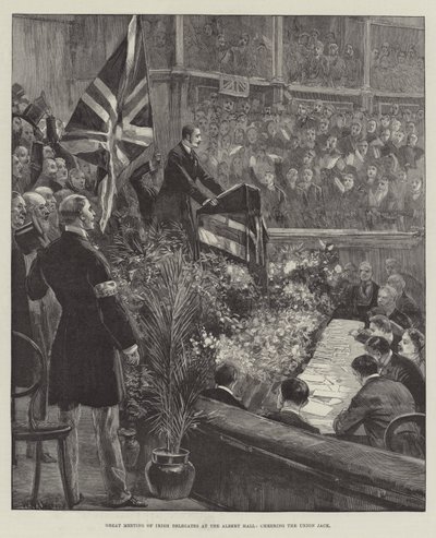 Flott møte med irske delegater i Albert Hall, som heier på Union Jack av William Heysham Overend