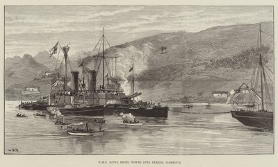 HMS Howe blir slept inn i Ferrol Harbor av William Heysham Overend