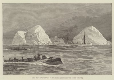 HMS Tyne og Torpedo-båter blant isfjell i Nord-Atlanteren av William Heysham Overend
