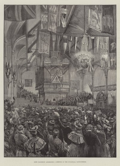 Lord Salisbury taler til et møte i Guildhall, Londonderry av William Heysham Overend