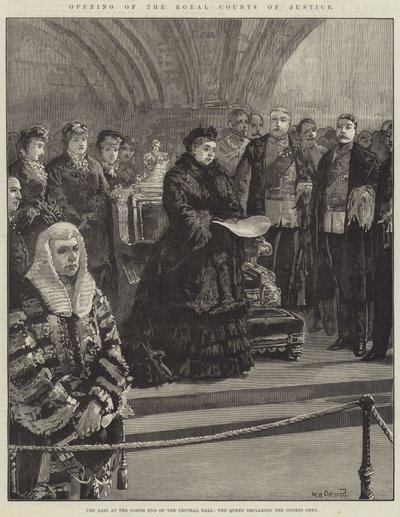 Åpning av Royal Courts of Justice, Dais i nordenden av sentralhallen, dronningen erklærer domstolene åpne av William Heysham Overend