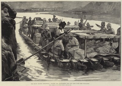 Våre tropper forlater Afghanistan, flytende syke og sårede nedover elven Cabul fra Jellalabad av William Heysham Overend