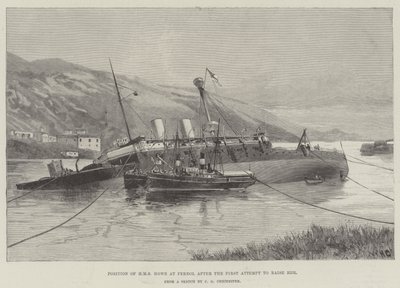 Stillingen til HMS Howe hos Ferrol etter det første forsøket på å oppdra henne av William Heysham Overend
