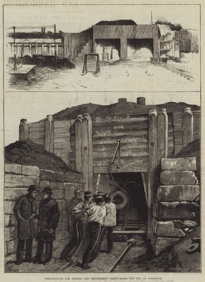 Forberedelser for å teste Thunderer's Thirty-Eight Ton Gun på Woolwich av William Heysham Overend