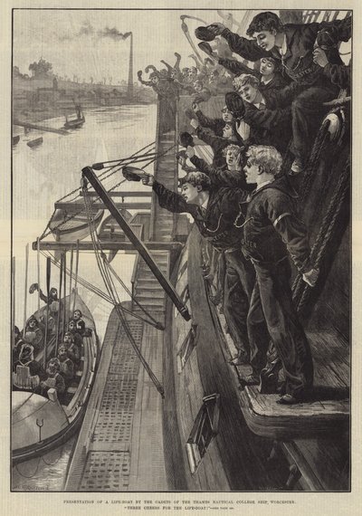 Presentasjon av en livbåt av kadettene fra Thames Nautical College Ship, Worcester, Three Cheers for the Life-Boat! av William Heysham Overend