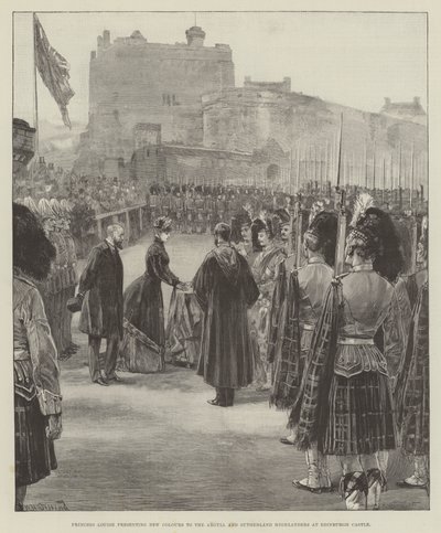 Prinsesse Louise presenterer nye farger til Argyll og Sutherland Highlanders på Edinburgh Castle av William Heysham Overend