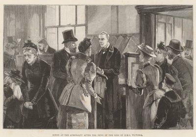 Scene ved Admiralitetet etter nyheten om tapet av HMS Victoria av William Heysham Overend