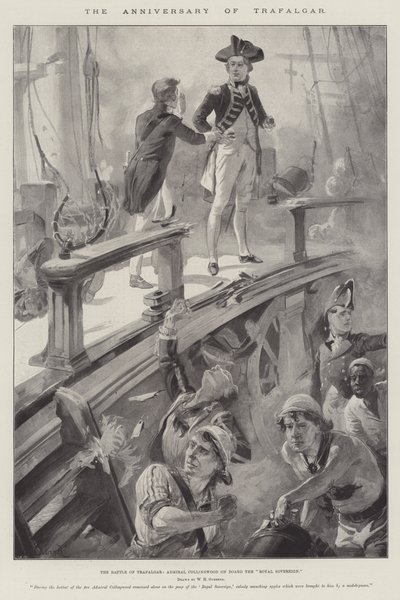 Årsdagen til Trafalgar, slaget ved Trafalgar, admiral Collingwood om bord på Royal Sovereign av William Heysham Overend